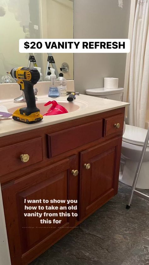 $20 vanity refresh! This is a great way to update a bathroom on a budget! Would you try this? #farmhousebathroom #diyproject #diybathroom #paintedcabinets | Liz Pacini | Liz Pacini · Original audio Refresh Bathroom Vanity, Vintage Bathroom Vanity Makeover, How To Paint A Bathroom Vanity, Redo Bathroom Vanity, Built In Vanity In Bedroom, Update Bathroom Cabinets, Bathroom Refresh On A Budget, Bathroom Updates On A Budget, Paint Bathroom Vanity