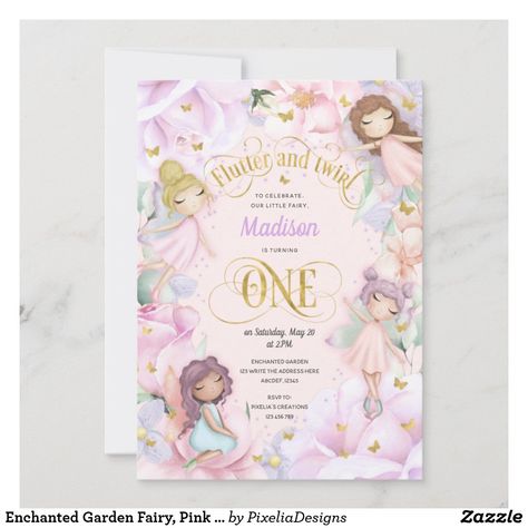 Enchanted Garden Fairy, Pink purple flowers Invita Invitation Fairy Birthday Invitations, Purple Birthday Invitations, Forest Invitation, Fairy Invitations, Fairytale Birthday, Enchanted Party, Butterfly Invitations, Purple Birthday, 2nd Birthday Invitations