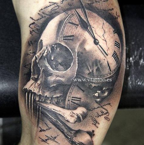 #skull #tattoo Skull And Clock Tattoo, Watch Tattoo Design, Small Wave Tattoo, Clock Tattoo Design, Kunst Tattoos, Sick Tattoo, Pocket Watch Tattoo, Sugar Skull Tattoos, Tattoos Geometric