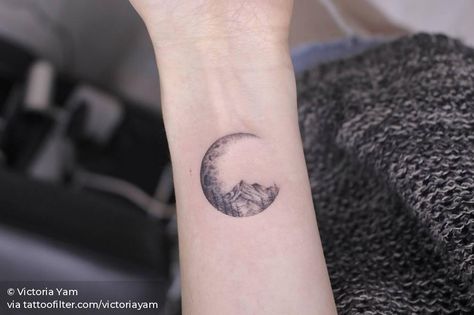 Crescent Moon Mountain Tattoo, Mountains And Moon Tattoo, Mountain Tattoo With Moon, Mountain And Moon Tattoo, Moon Dotwork, Logan Tattoo, Moon And Mountains, Small Nature Tattoo, Wrist Tatoo