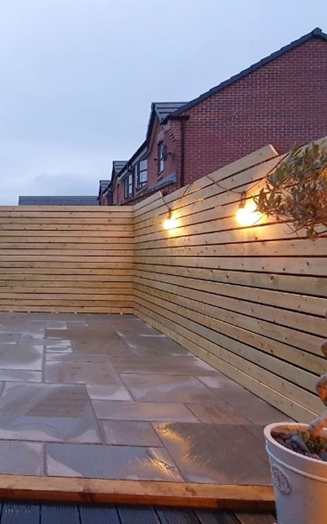 Slatted Fence Panels - View Our Timbers - Slatted Screen Fencing Garden Wall Panels, Garden Slat Wall, Garden Panelling Ideas, Slated Fence Ideas, Decking Fence Ideas, Fence Slats Projects, Outdoor Panel Wall, Roof Batten Fence, Screen Fencing