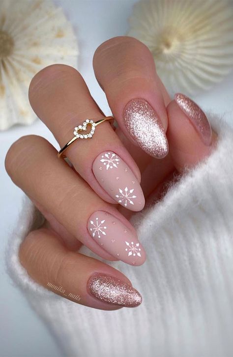 14. Snowflake Nude & Glitter Nails Most people love this time of the year, including me. There are many things to love, open the... December Nails, Christmas Gel Nails, Summery Nails, Girly Acrylic Nails, Casual Nails, Rose Gold Nails, Short Square Acrylic Nails, Almond Nails Designs, Snowflake Nails