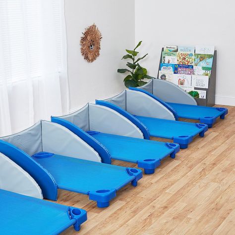 Amazon.com: ECR4Kids Stackable Kiddie Cot, Toddler Size, Classroom Furniture, Blue, 6-Pack : Office Products Toddler Daycare Rooms, Child Care Center Design, Daycare Room Design, Daycare Room Ideas, Daycare Cots, Daycare Setup, Preschool Construction, Home Daycare Ideas, Daycare Furniture