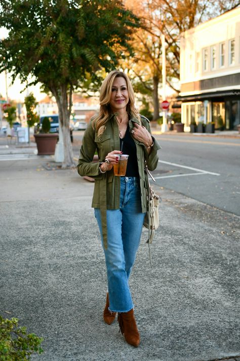 Olive green utility jacket paired with cropped jeans, a black sweater, tan suede booties and an off white bag. Follow Crazy Blonde Life in the LTK app to shop this look and more! Fashion over 50, casual style, fall fashion, fall outfit idea Fashion Over 50 Casual, Olive Jacket Outfit, Suede Booties Outfit, Olive Green Utility Jacket, Off White Bag, Capsule Wardrobe Pieces, Shirt Tutorial, Olive Jacket, Booties Outfit