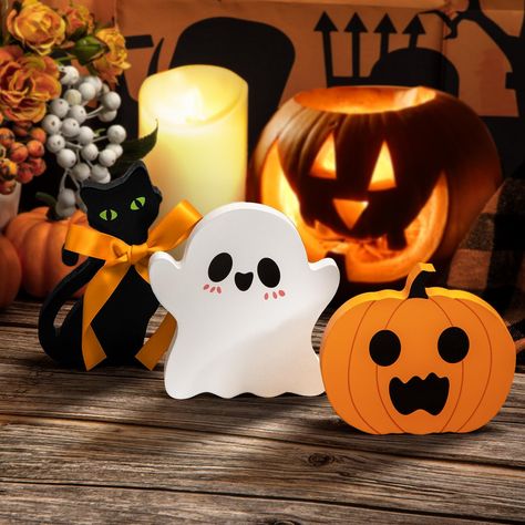 PRICES MAY VARY. Super Cute Halloween Decorations - The package comes with 3 styles pieces of wooden Halloween tiered tray decorations, pumpkin signs, ghost wooden blocks, and a wood black cat sign, bringing you a simple, classic, but not exaggerated feeling. Wonderful Size for Tiered Tray - Our cute Halloween signs' are vary in size, the length and width are approximately 4", 5". It is very suitable for decorating your tiered tray, table center, shelf, office, and anywhere you want to decorate. Pumpkin Signs, Wooden Halloween Decorations, Tiered Tray Decorations, Fall Pumpkin Sign, Shelf Office, Cat Sign, Cute Halloween Decorations, Halloween Ghost Decorations, Wooden Pumpkins