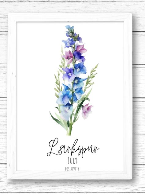 Larkspur Flower Tattoo Watercolor, July Flower Tattoo Larkspur, Larkspur Watercolor, Tattoo Bees, Larkspur Flower Tattoo, Larkspur Flower Tattoos, July Birth Flower Tattoo, July Birth Month, Purple Larkspur