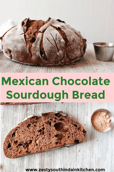 Mexican chocolate sourdough bread  made with  cocoa powder, Mexican chocolate, and raisin as an excellent breakfast toast.. Chocolate Sourdough Bread, Chocolate Sourdough, South Indian Kitchen, Spicy Hot Chocolate, Mexican Sweet Breads, Mexican Rice Recipes, Sourdough Recipe, Gluten Free Sourdough, Mexican Dessert Recipes