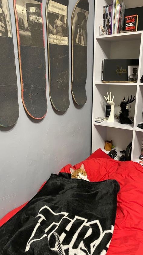 Skate Bedroom, Skater Boy Room, Skater Bedroom, Skate Room, Skater Room, Bedroom Aesthetic Dark, Styl Grunge, Bedroom Stuff, Dorm Room Diy