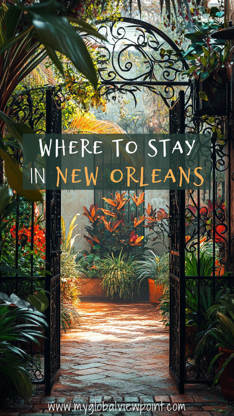 An ornate wrought iron gate opens to a sunlit courtyard in New Orleans, filled with vibrant tropical plants and a brick pathway, one of the best areas to stay in New Orleans. New Orleans Hotels Garden District, Visiting New Orleans, New Orleans Things To Do In, Perfect Neighborhood, New Orleans Aesthetic, New Orleans Trip, Garden District New Orleans, New Orleans Garden District, New Orleans Travel Guide