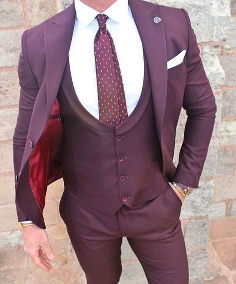 Saturday look! Leave your thoughts below. #DapperConcept   Follow @DapperConcept for more!  by @sammydkr Blazer For Men Wedding, Maroon Tuxedo, Gents Suits, Best Suits For Men, Maroon Suit, Formal Dresses For Men, Wine Colour, Prom Suit, Gentleman Outfit