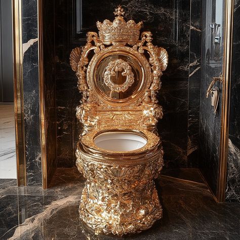 Transform your bathroom into a palace with the Luxury Throne Gold Toilet. This exquisite piece is designed to be the ultimate statement of opulence, featuring a regal gold finish that radiates wealth and sophistication. Every detail of this toilet, from its majestic contours to its gleaming surfaces, is crafted to evoke the grandeur of a royal throne. Conceptual AI Art Follow @ecosapiens for more! Lynnwood Hall, Gold Toilet, Royal Throne, Bedroom Trends, Dream Life House, Bathroom Furnishings, Versace Gold, Marble Bathroom, Gold Marble