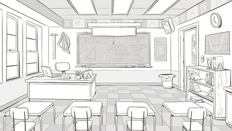 Classroom Drawing, Evil Background, Classroom Interior, Perspective Sketch, Perspective Drawing Architecture, Perspective Drawing Lessons, Bg Design, Concept Art Tutorial, The Forces Of Evil