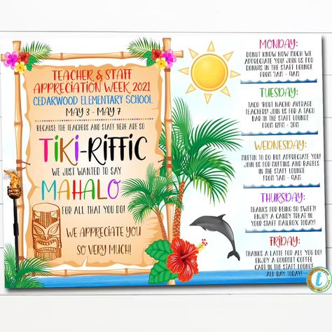 EDITABLE Hawaiian Themed Teacher Appreciation Week Itinerary - Etsy Teacher Appreciation Week Themes, Teacher Appreciation Themes, Theme Poster, Staff Appreciation Week, School Pto, Week Schedule, Hawaiian Theme, Staff Appreciation, Employee Appreciation