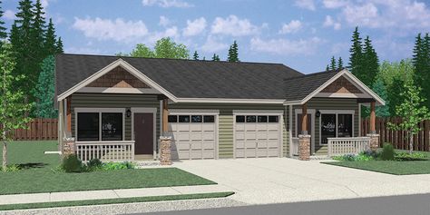 Tiny Home Duplex Plans, Two Bedroom Duplex Floor Plans, Ranch Duplex House Plans With Garage, Duplex With Garage In Middle, Ranch Style Duplex Floor Plans, Duplex House Plans 2 Bedroom, Cottage Duplex Plans, One Story Duplex House Plans, Twinhome House Plans