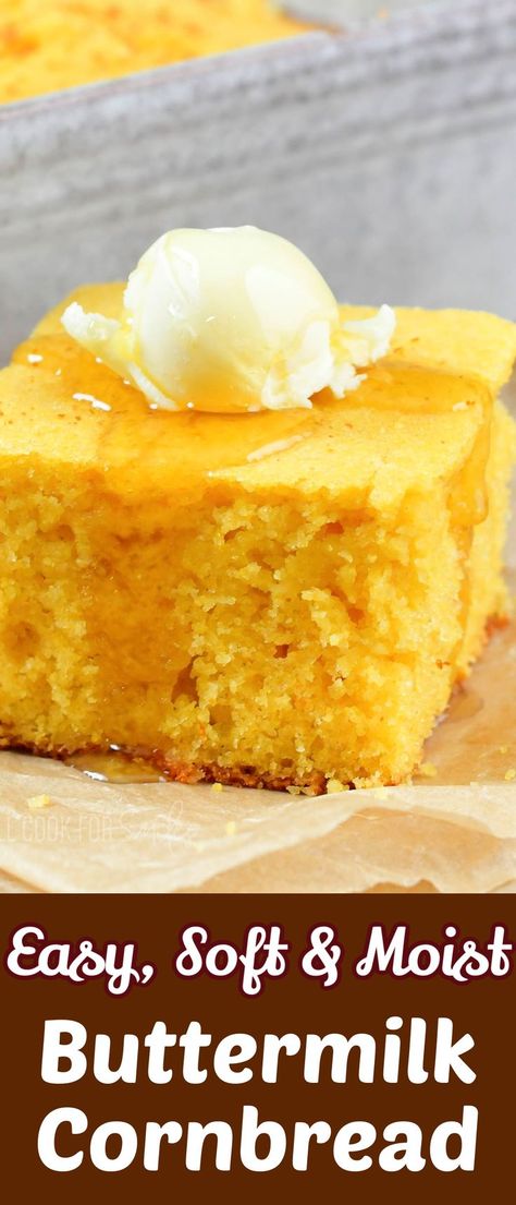 Buttermilk Cornbread is a delicious, simple bread option to serve with dinner. This buttermilk cornbread is soft and moist on the inside with a little crunch on the top. Cornbread is made with buttermilk and slightly sweetened with honey and sugar. Cornbread Recipe No Sugar, Homemade Buttermilk Cornbread, Easy Cornbread Recipe, Best Cornbread Recipe, Cornbread Cake, Cornbread Recipe Sweet, Simple Bread, Moist Cornbread, Buttermilk Cornbread