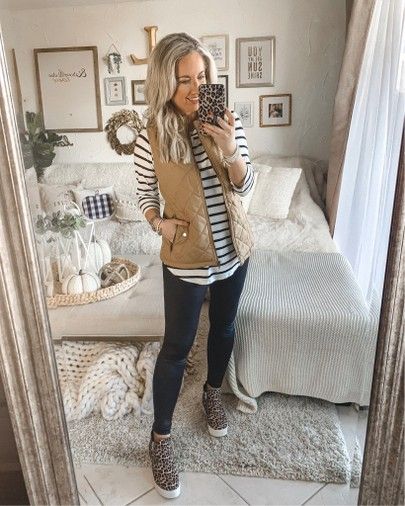 Camel Vest Outfits For Women, Camel Vest Outfit, Amazon Fall Fashion, Vest Outfits For Women, Leopard Sneakers, Striped Vests, Striped Tunic, Green Vest, Stripe Outfits