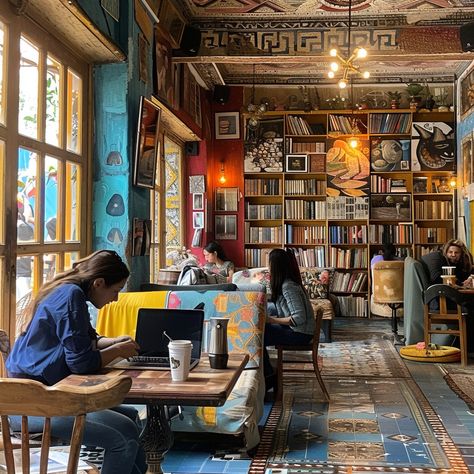 Cozy Book Nook: Patrons engrossed in books and laptops in a vibrant, art-filled bohemian-style coffee house surrounded by shelves. #books #cafe #reading #laptop #cozy #aiart #aiphoto #stockcake ⬇️ Download and 📝 Prompt 👉 https://ayr.app/l/YxhF Reading Cafe Coffee Shop, Reading At Cafe Aesthetic, Cozy Bookshop Cafe Aesthetic, Cafe Bookstore Aesthetic, Cafe Florist, Cafe Bookshop, Book Coffee Shop, Cafe Reading, Cozy Book Nook