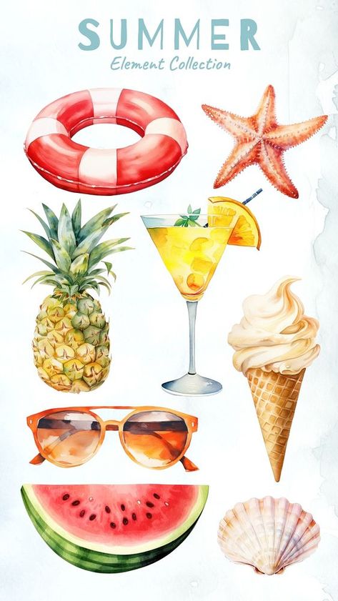 Summer Illustration Design, Pineapple Watercolor, Fruit Clipart, Summer Watercolor, Beach Illustration, Desi Wedding Decor, Summer Ice Cream, Summer Illustration, Holiday Clipart