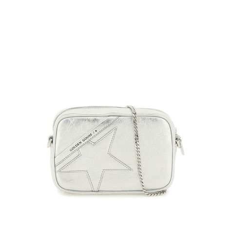 Golden Goose Mini Bag Crafted In Silver Laminated Leather With A Wrinkled Effect And Characterized By Iconic Tonal Star And Lettering Logo At Front. Zippered Closure, Logoed Fabric Lining Featuring An Open Pocket And A Logo Patch. Removable Chain Shoulder Strap, Silver-Finished Metalware. Materal: 100% Bovine Leather. Made In: Italy. Color: Silver. Collection: Fall - Winter 2023. Sku: Gwa00228 A000335. Width: 16 Cm Height: 10,5 Cm Depth: 5,5 Cm Shoulder Strap: 111 Cm. Modecraze Is An Online Plat Golden Goose Bag, Star Bag, White Shoulder Bags, Lettering Logo, Golden Goose Deluxe Brand, Silver Zipper, Cute Bags, Diaper Backpack, Golden Goose