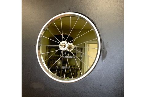 Who knew bike wheels could make such beautiful house decorations? Bicycle Furniture, Mirror Window, Bicycle Decor, Bicycle Shop, Bike Store, Bbq Restaurant, Used Bikes, Bicycle Wheel, Vintage Bicycle