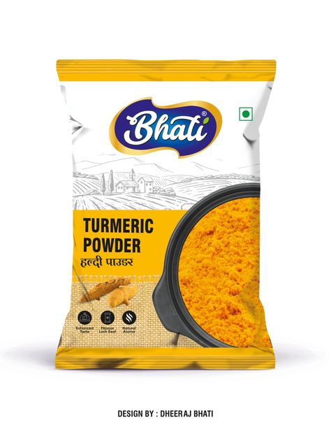 DHEERAJ BHATI TURMERIC POWDER POUCH PACKAGING DESIGN Turmeric Powder Packaging, Turmeric Powder Packaging Design, Pouch Packaging Design, Tumeric Powder, Dairy Packaging, Ui Design Trends, Packaging Template Design, Rice Bag, Packaging Template