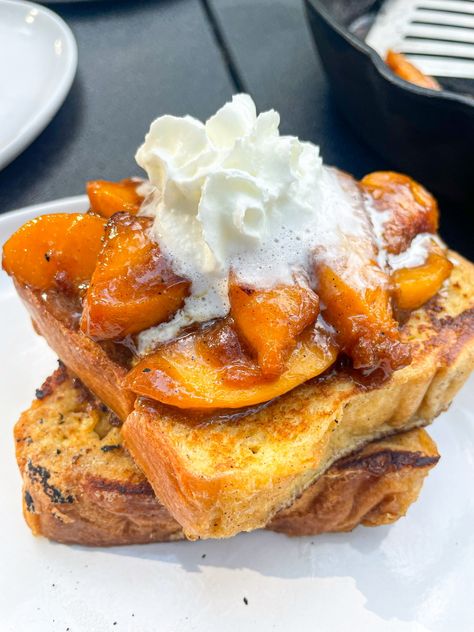 French Toast with Caramelized Peaches | Whipped Cream French Toast With Peaches, Peaches And Cream Breakfast, Shrimp Rolls Recipe, French Toast Toppings, Peach French Toast, Breakfast Casserole French Toast, Caramelized Peaches, Homemade Ingredients, Spinach And Bacon