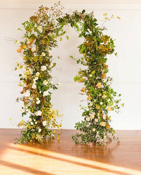 Floral and Greenery Ceremony Arch // Yellow & Peach Organic Wedding Ideas via TheELD.com Fall Arbor, Seaglass Wedding, Greenery Ceremony, Mustard Yellow Wedding, Sea Glass Wedding, Floral Portfolio, Fall Ceremony, Wedding Cake Fresh Flowers, Floral Installation