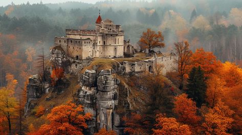 Autumn Castle View: An ancient castle stands majestically atop rugged cliffs surrounded by a forest in vibrant autumn colors. #castle #autumn #foliage #historical #architecture #aiart #aiphoto #stockcake ⬇️ Download and 📝 Prompt 👉 https://stockcake.com/i/autumn-castle-view_326060_528769 Autumn Castle, Ancient Castle, Autumn Foliage, Image Downloads, Fantasy Castle, Woman Illustration, Autumn Colors, Historical Architecture, View Image