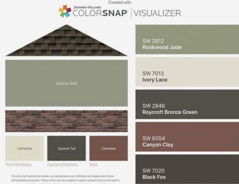 Green Siding With Brown Roof, Moldings And Trim Colors, Exterior Color Palettes For Houses With Brown Roof, Green House Exterior Brown Roof, Brown Roof House Colors, Light Green House, Home Exterior Colors Schemes, Green House Exterior, Green Siding