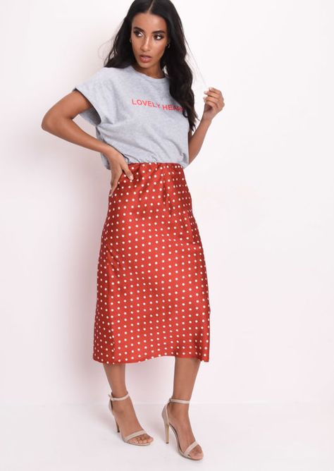 Pokadot Skirt, Apostolic Outfit Ideas, Apostolic Outfit, Satin Skirt Outfit, Midi Slip Skirt, Red Midi Skirt, Red Lily, Red Midi, Slip Skirts