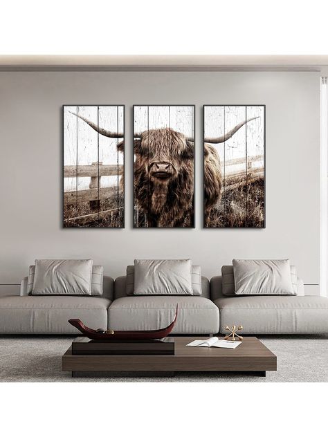 3pcs Pasture Hairy Highland Cow Canvas Painting Posters And Prints Wall Art Pictures For Living Room Bedroom Decoration, No Frame Multicolor    Fabric     Home Decor, size features are:Bust: ,Length: ,Sleeve Length: Yellowstone Home Decor, Highland Cow Bedroom Decor, Mens Living Room Ideas Bachelor Pads, Living Room Decor For Men, Cow Canvas Painting, Masculine Living Rooms, Long Living Room, Highland Cow Canvas, Living Room Decor Rustic