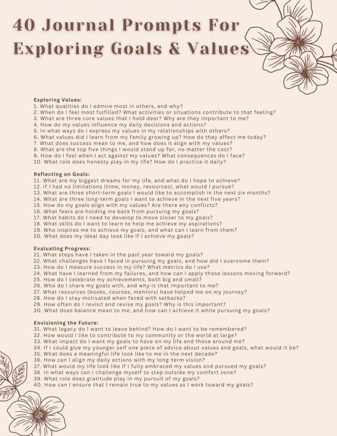 This worksheet offers guided journal prompts that can be used as a starting point for deeper reflection on your values and goals. Set aside time to write without judgment, allowing your thoughts and feelings to flow freely. Revisiting these prompts periodically can also help you track your growth and evolution over time. Values Journal Prompts, Goal Setting Prompts, Self Improvement Journal Prompts, Journal Prompts For Couples, Guided Journal Prompts, Journal Prompts For Adults, Daily Journal Prompts, Goal Setting Worksheet, Personal Growth Motivation