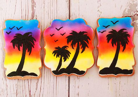 Sunset cookies Sunset Cookies, Summer Sugar Cookies, Watercolor Cookies, Painted Cookies, Hand Painted Cookies, Beach Cookies, Sunset Party, Sea Cakes, Paint Cookies