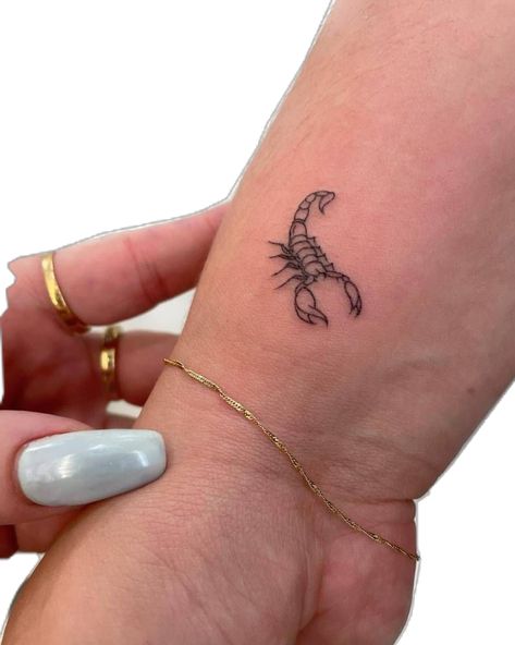 Tattoo Of Scorpion, Astrology Scorpio Tattoo, Symmetrical Scorpion Tattoo, Minimalistic Scorpion Tattoo, Scorpion Fine Line Tattoo, Scorpion Wrist Tattoo, Scorpion Line Art, Fineline Scorpion Tattoo, Fine Line Scorpio Tattoo