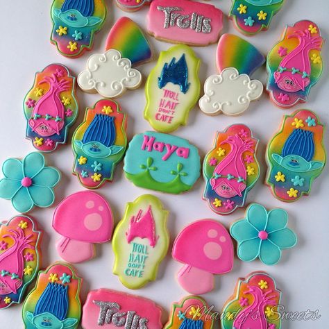 Trolls Party Ideas, Trolls Birthday Cake, Trolls Cake, Trolls Party, Cookies Theme, Trolls Birthday Party, Troll Party, Iced Sugar Cookies, 2 Birthday Cake