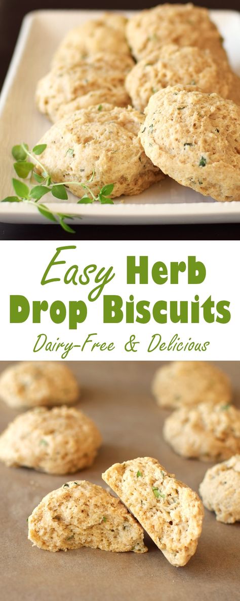 Easy Herb Drop Biscuits - a recipe with surprise everyday ingredients! (dairy-free, optionally vegan and 100% whole wheat recipe) Drop Biscuits Easy, Herb Drop Biscuits, Biscuit Recipe No Milk, Quick Biscuit Recipe, Biscuit Recipes Dinner, Southern Biscuits Recipe, Dairy Free Biscuits, Drop Biscuits Recipe, Vegan Bread Recipe