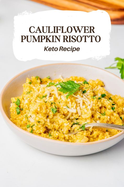 Learn how to make this perfectly creamy pumpkin risotto with low-carb cauliflower rice, pumpkin puree, and heavy cream! Freshly grated parmesan cheese cements this dish as a seasonal favorite you'll reach for over and over again. Best Dinner Party Recipes, Pumpkin Cauliflower, Pumpkin Risotto Recipes, Cauliflower Rice Risotto, Cauliflower Risotto, Pumpkin Risotto, Cauliflower Gratin, Pumpkin Sauce, Lchf Recipes