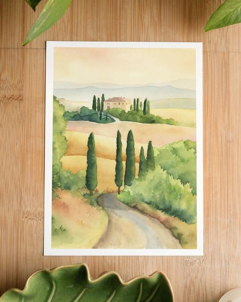 Tuscany 🌄 Cypress trees and scenic hills are surely one of the main features of the Tuscan countryside. What a nice part of Italy 😊 #watercolor #landscape #italy #europe #aesthetic Tuscany Paintings Landscapes, Tuscany Paintings, Italy Watercolor, Landscape Italy, Watercolor Travel, Tuscan Countryside, Italy Landscape, Europe Aesthetic, Landscape Watercolor