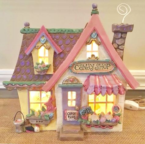 Easter House, Clay Doll House, Easter Village, Gingerbread House Ceramic, Miniature Candy Shop, Polymer Clay Houses Fairy Village, Clay Gingerbread House Cookie Jar, Ceramic Gingerbread House Pink, Chocolate House