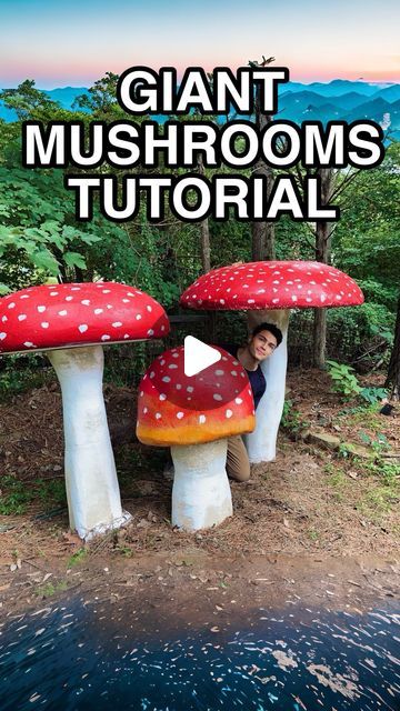 Isaac Alexander on Instagram: "Let’s make GIANT mushrooms! Why? Cause why not?!? 😌🙂‍↔️🍄🍄🍄 YouTube tutorial link in bio! #mushrooms #diy #summerween #mushroomDIY #foryou #trending #fairy #diy" Diy Giant Outdoor Mushrooms, Fairy Garden Pathways, How To Make A Giant Mushroom, Halloween Fairy Decorations, Mushroom Props Diy, Faux Mushrooms Diy, Mushroom Hat Diy Paper Mache, Making Mushrooms For Garden, Styrofoam Mushrooms Diy