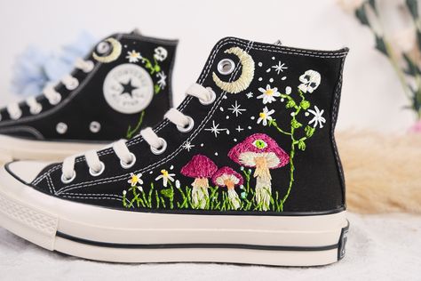 Best gift for her . Handmade by me Converse Mushroom, Converse Embroidery, Embroidery Styles, Embroidered Converse, High Top Chucks, Custom Converse, Embroidery Works, Embroidered Shoes, Ocean Vibes