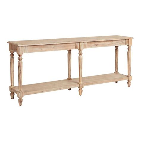 Crafted of natural wood with a weathered finish, our exclusive Everett console table impresses with its Victorianinspired architectural good looks. Featuring two hidden drawers and an open shelf, this long foyer table provides ample storage space in any room, entrance area or hallway. With vintage-style sculptural legs and a subtly weathered rustic finish, this farmhouse table is versatile enough to complement a range of decor and furniture. Entry Table Lowe's, Console Table In Breakfast Area, 32” Wide Farmwood Entry Table, Simple Farmhouse Console Table, Long Table Shelf, Console Table Farm House, Coastal Cottage Console Table, Lightwood Entryway Table, Cottage Farmhouse Entryway Table