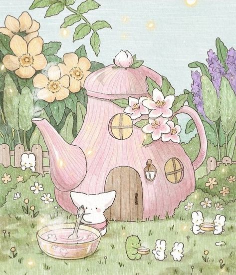 Kawaii Cottagecore Art, Cottage Drawing Fairytale, Sogumi Icon, Cottage Core Drawings, Cottage Core Illustration, Anime Bad, Cottage Core Art, Gummi Bears, Seni Vintage