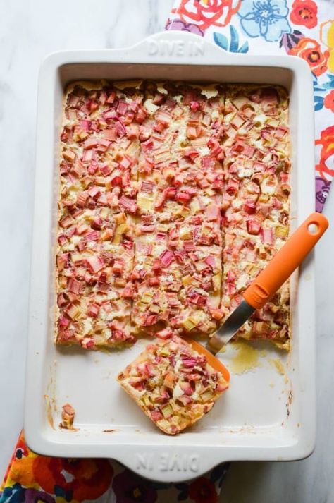 Easy Go Anywhere Rhubarb Squares - Sugar Dish Me Rhubarb Squares Shortbread Crust, Rhubarb Bars Easy, Rhubarb Squares, Rhubarb Desserts Recipes, Best Rhubarb Recipes, Rhubarb Bars, Almond Flour Crust, Easy Custard, Rhubarb Desserts