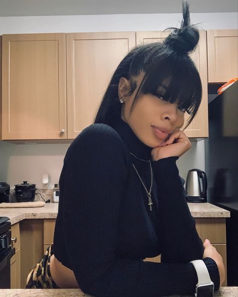 Bangstyle Black Women, African American Hairstyles With Bangs, Chinese Bangs With Bun, Chinese Bangs With Ponytail, Hairstyles With Bangs For Black Women, Ponytail Bangs Black Women, Bangs Wig Hairstyles, Black Women Bangstyle Hair, Bang On Black Women