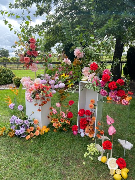 Ceiling Flowers Wedding, Ceiling Flowers, Floral Backdrop Wedding, Bright Wedding Flowers, Wedding Flower Design, Box Flowers, Colorful Wedding Flowers, Ceremony Design, Wedding Arbour