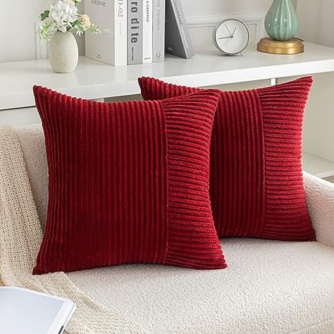 AQOTHES Set of 2 Wine Red Striped Patchwork Corduroy Throw Pillow Covers 18x18, Decorative Square Throw Pillows for Couch Sofa Bed Living Room Home Decor Corduroy Patchwork, Sofa Bed Living Room, Affordable Sofa, Paint Trends, Bed Living Room, Christmas Cushion, Christmas Cushion Covers, Creative Bedroom, Red Cushions