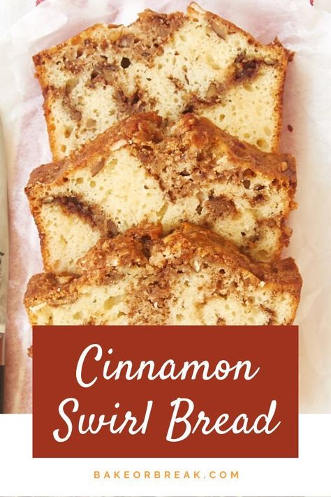 This simple Cinnamon Swirl Bread is perfect for breakfast, a coffee break, or even dessert! - Bake or Break #bread #quickbread #cinnamon Cinnamon Swirl Loaf, Cinnamon Swirl Bread Recipe, Swirl Bread Recipe, Quick Bread Recipes Easy, Swirl Bread, Cinnamon Swirl Bread, Swirled Bread, Homemade Muffins, Cinnamon Bread