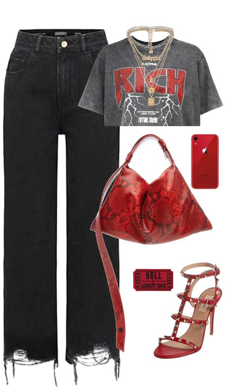 Spring Rock Outfit, Ryan Castro Concert Outfits, Rock Concert Outfit Black Women, Funky Date Night Outfit, Edgy Glam Aesthetic, Red Black Concert Outfit, Outside Concert Outfit Black Women, Rock Concerts Outfits, Diy Concert Outfit