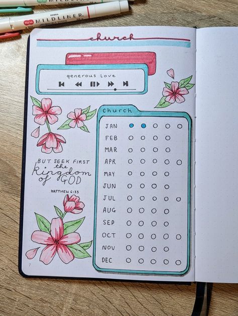 Journal / bullet journal / scrapbook page, church tracker, church in a year, church every sunday Bullet Journal Prayer Page, Bullet Journal Christian, Catholic Bullet Journal, Church Journal, Bible Journal Notebooks, Zebra Mildliner, Coloring Journal, Notes Journal, Devotional Journal